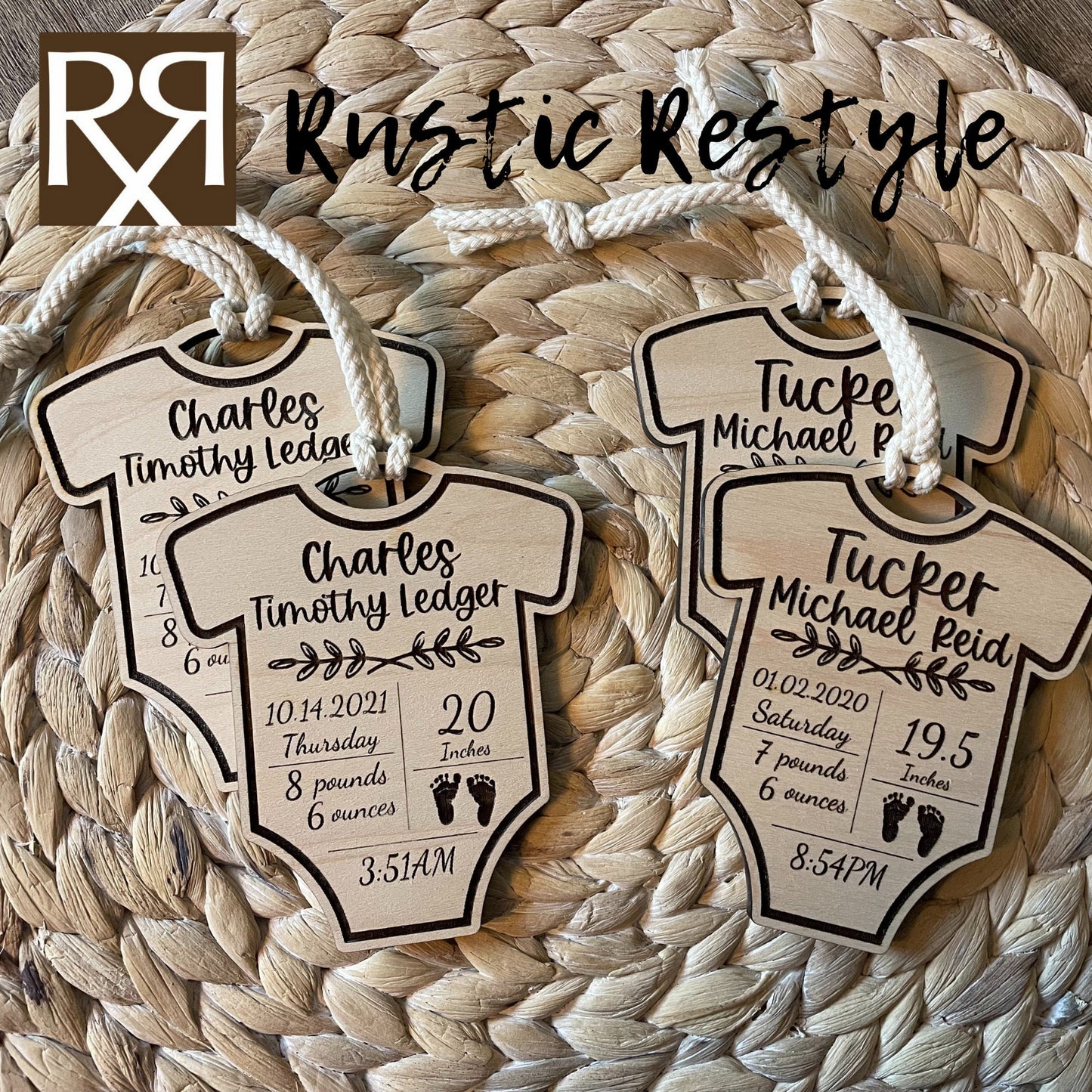 4 natural wooden ornaments shaped like baby onesies and hung by white cotton braided strings laying flat on a table. These items are engraved with each baby's name and birth stats.