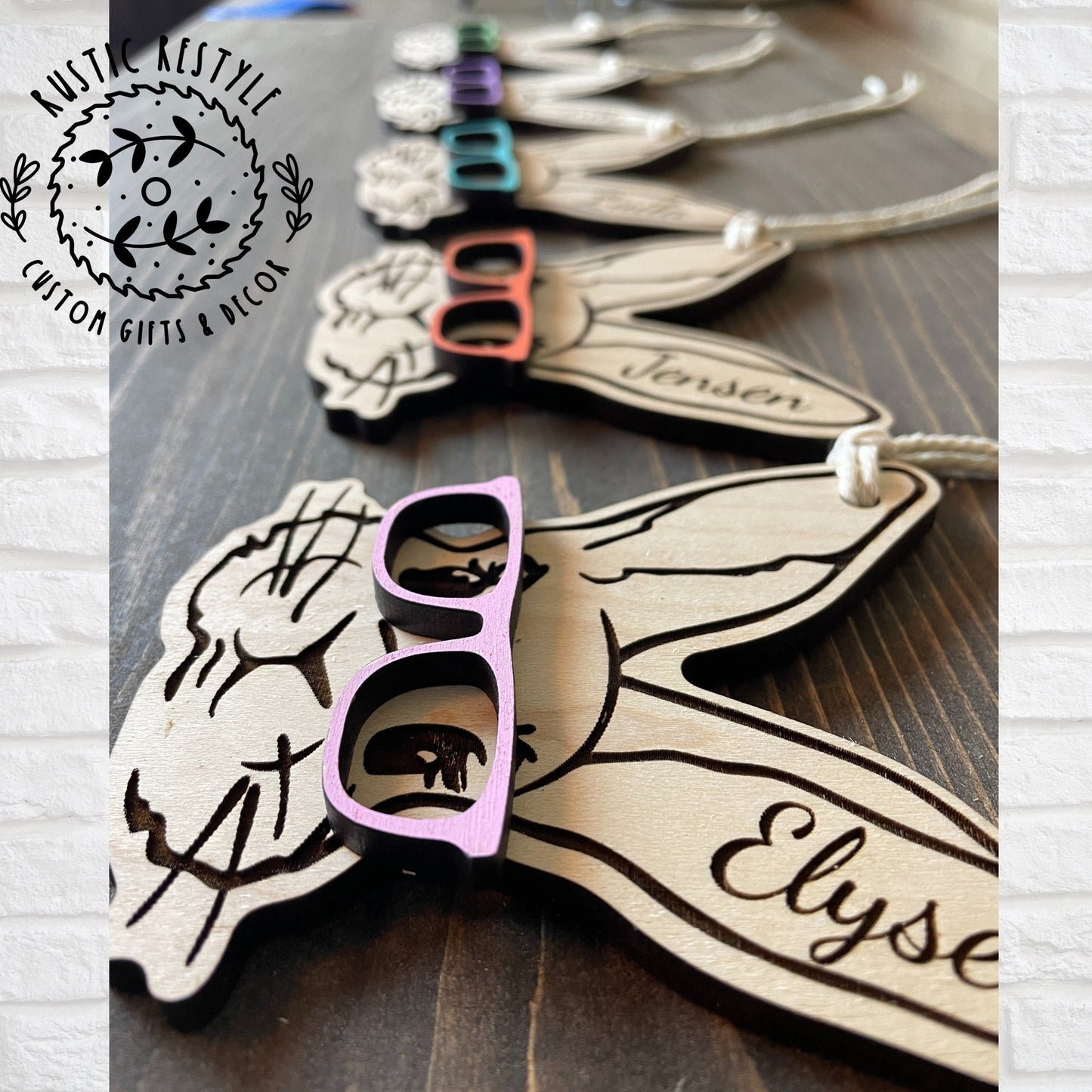 Custom wooden Easter Basket Bunny with glasses personalized name Tags