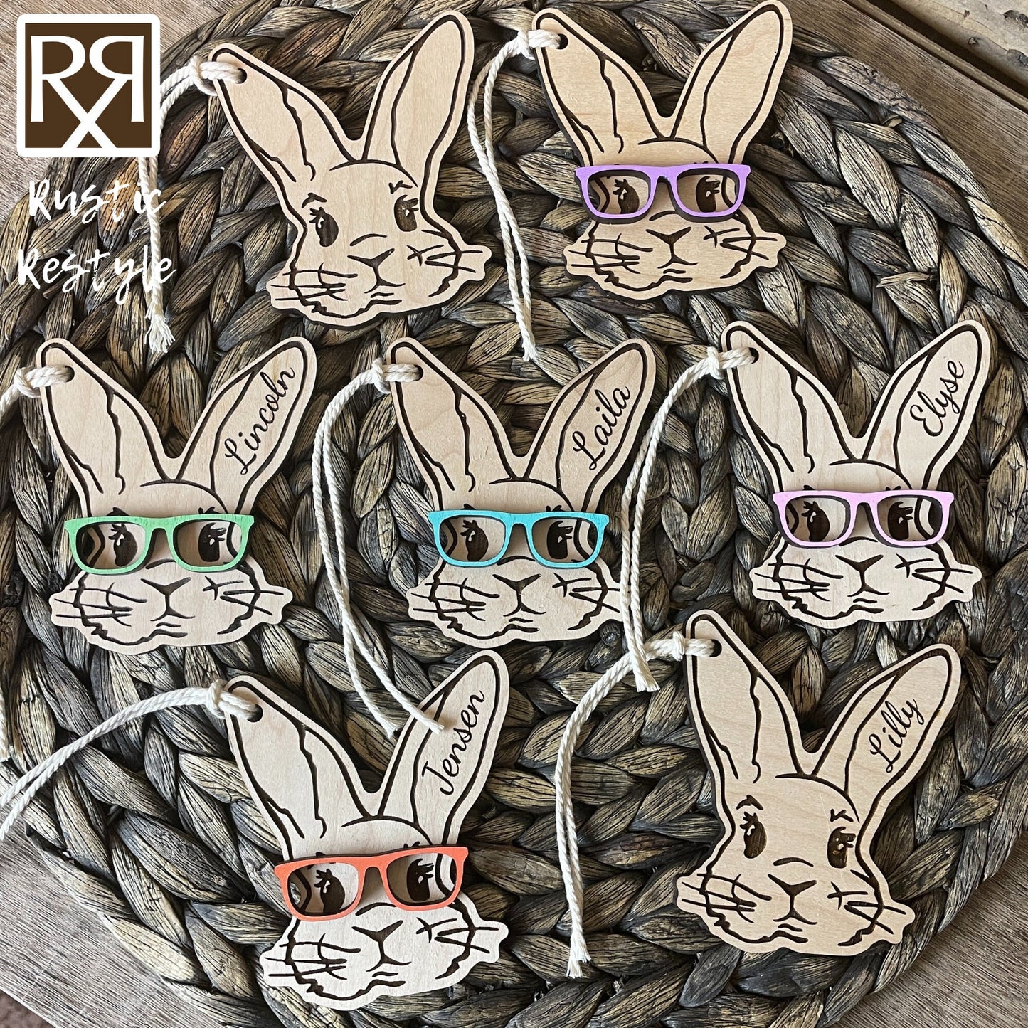 Custom wooden Easter Basket Bunny with glasses personalized name Tags