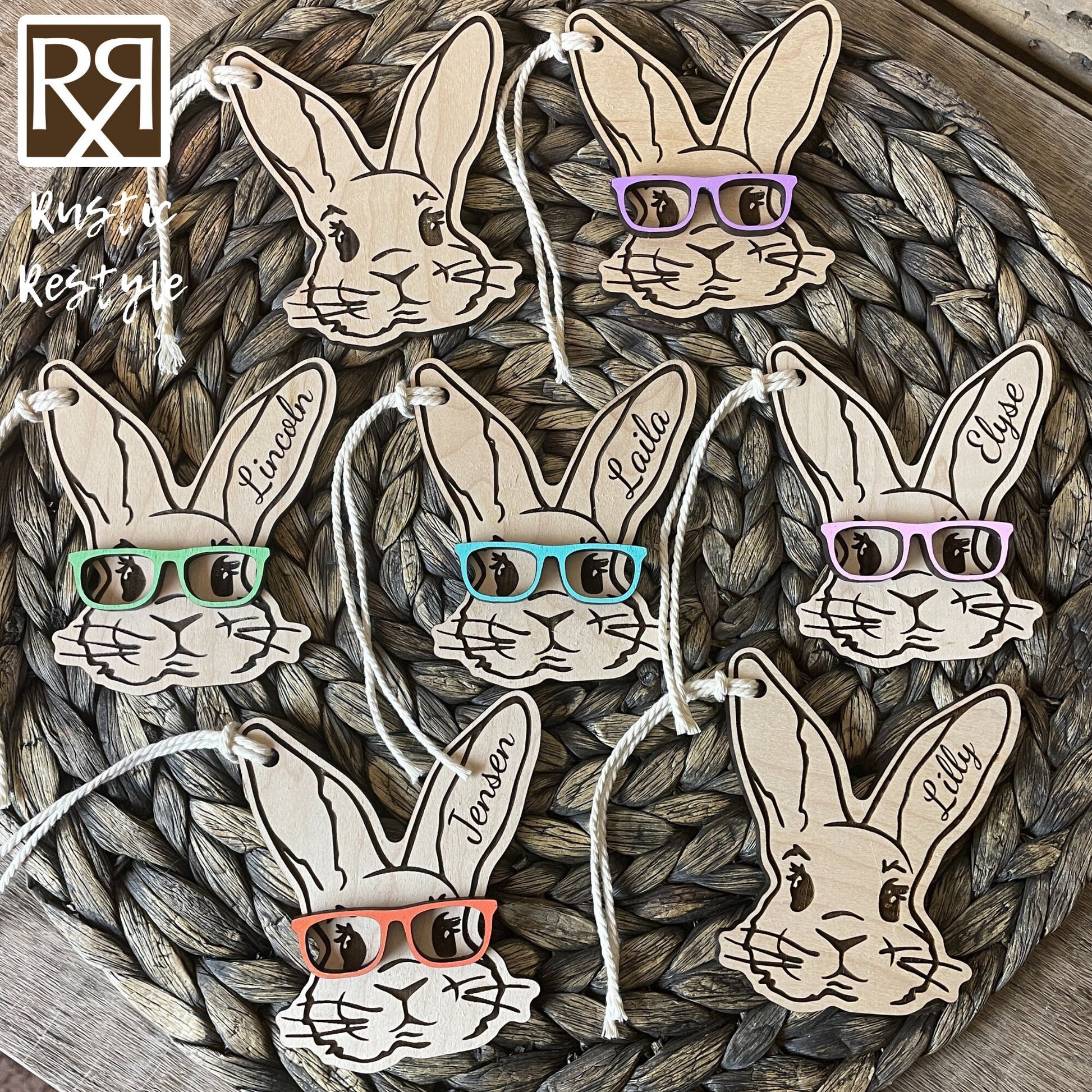 Custom wooden Easter Basket Bunny with glasses personalized name Tags