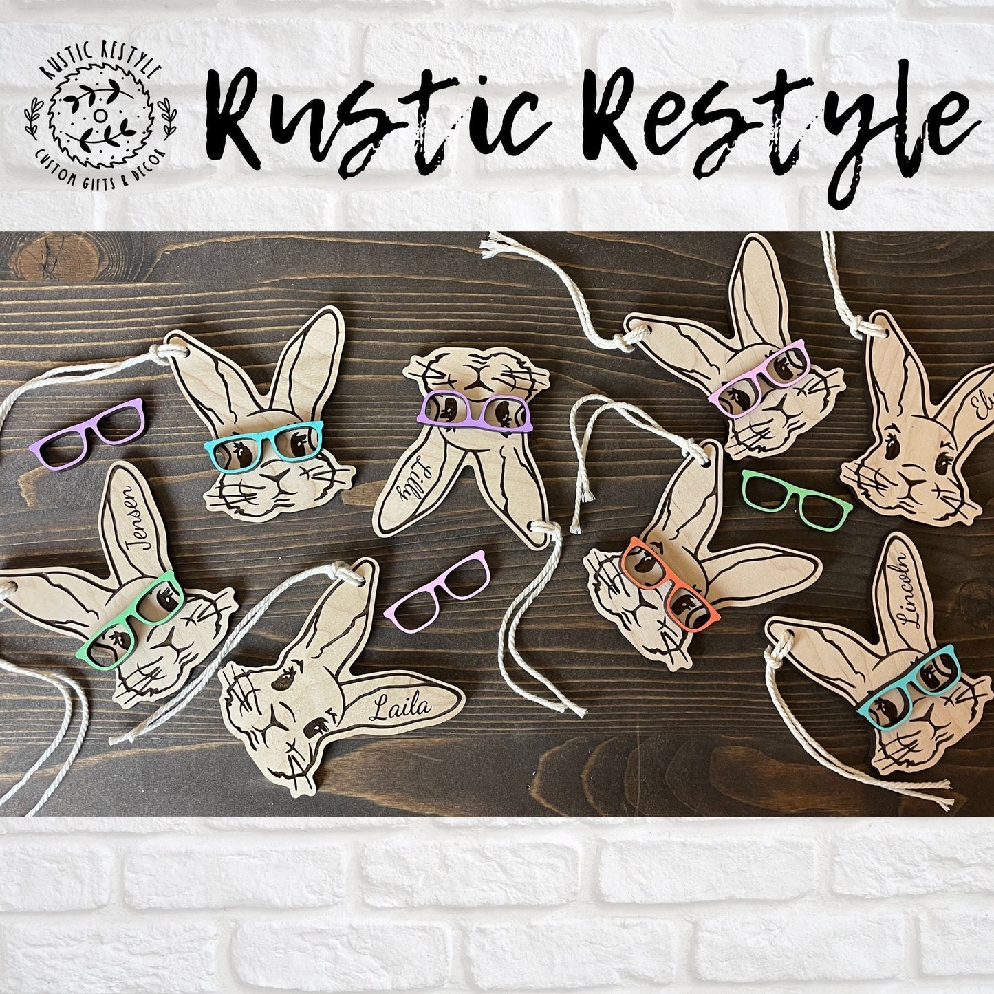 Custom wooden Easter Basket Bunny with glasses personalized name Tags