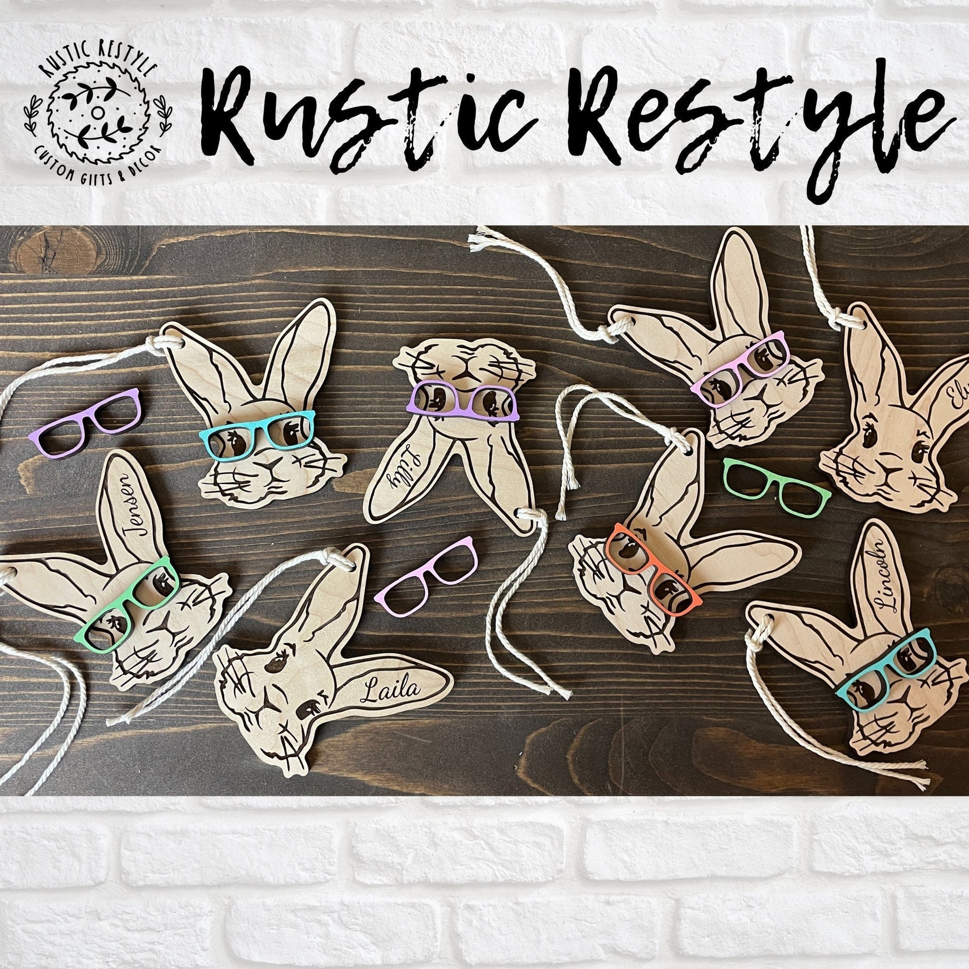 Custom wooden Easter Basket Bunny with glasses personalized name Tags