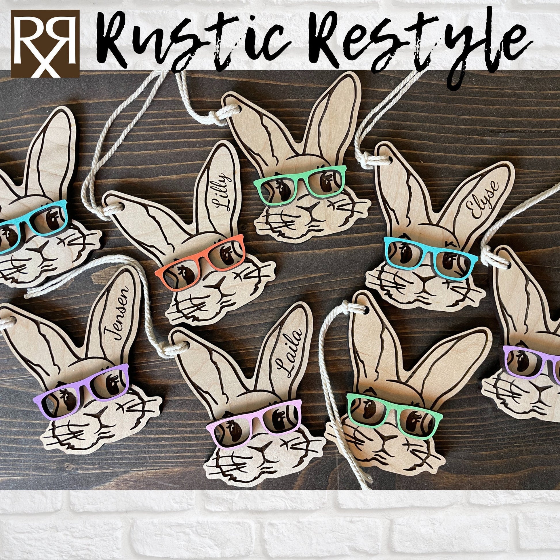 Custom wooden Easter Basket Bunny with glasses personalized name Tags