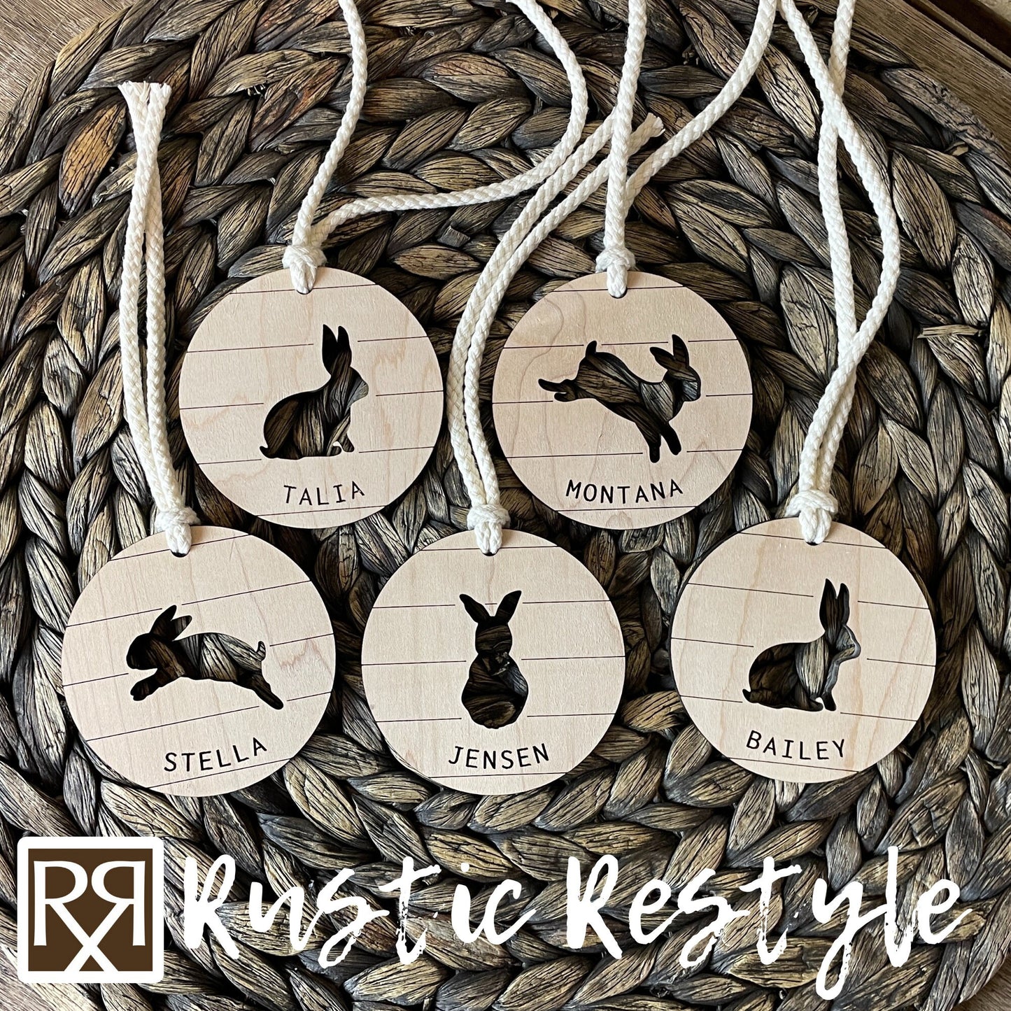 Custom wooden Easter Basket Bunny personalized name Tags