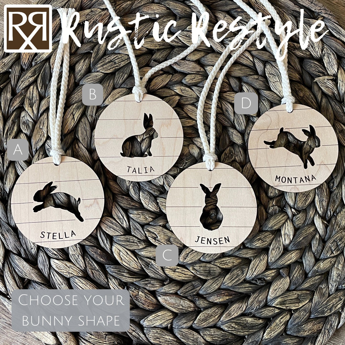Custom wooden Easter Basket Bunny personalized name Tags
