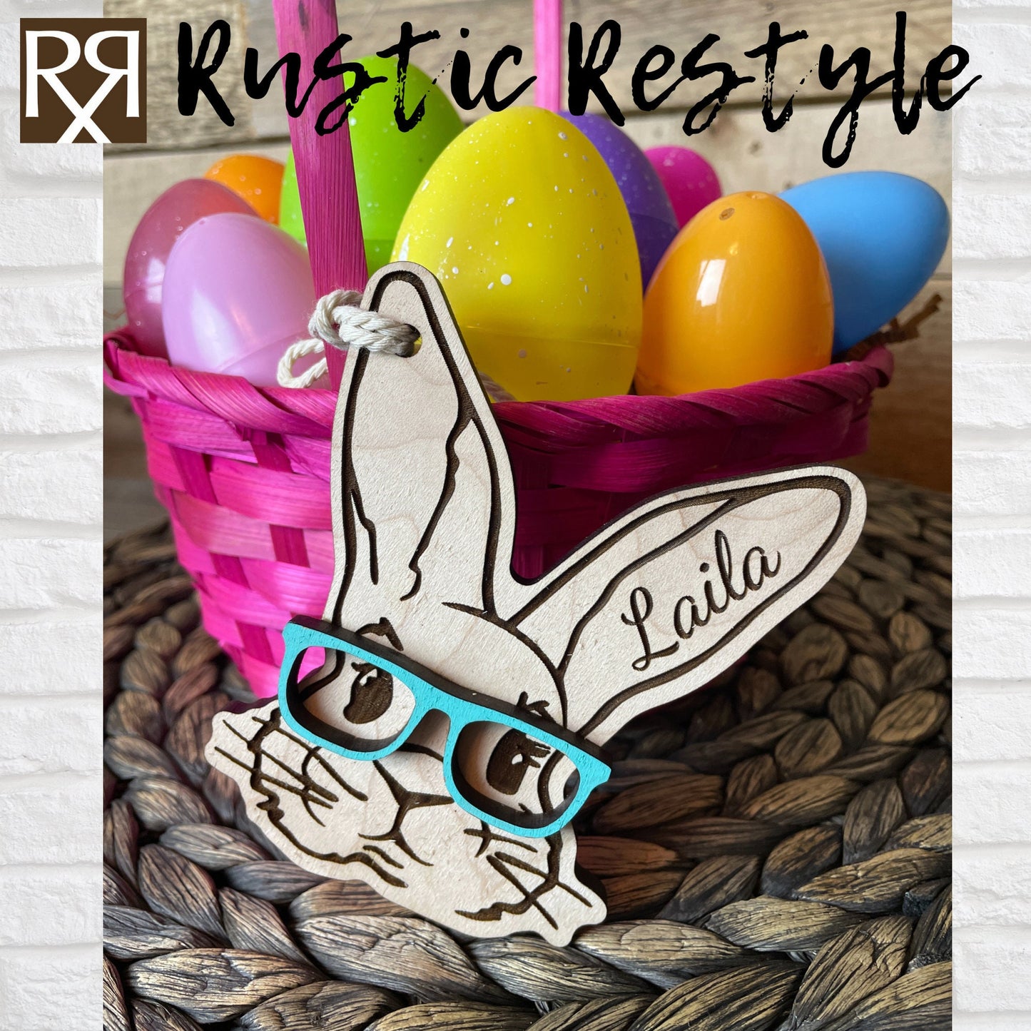 Custom wooden Easter Basket Bunny with glasses personalized name Tags