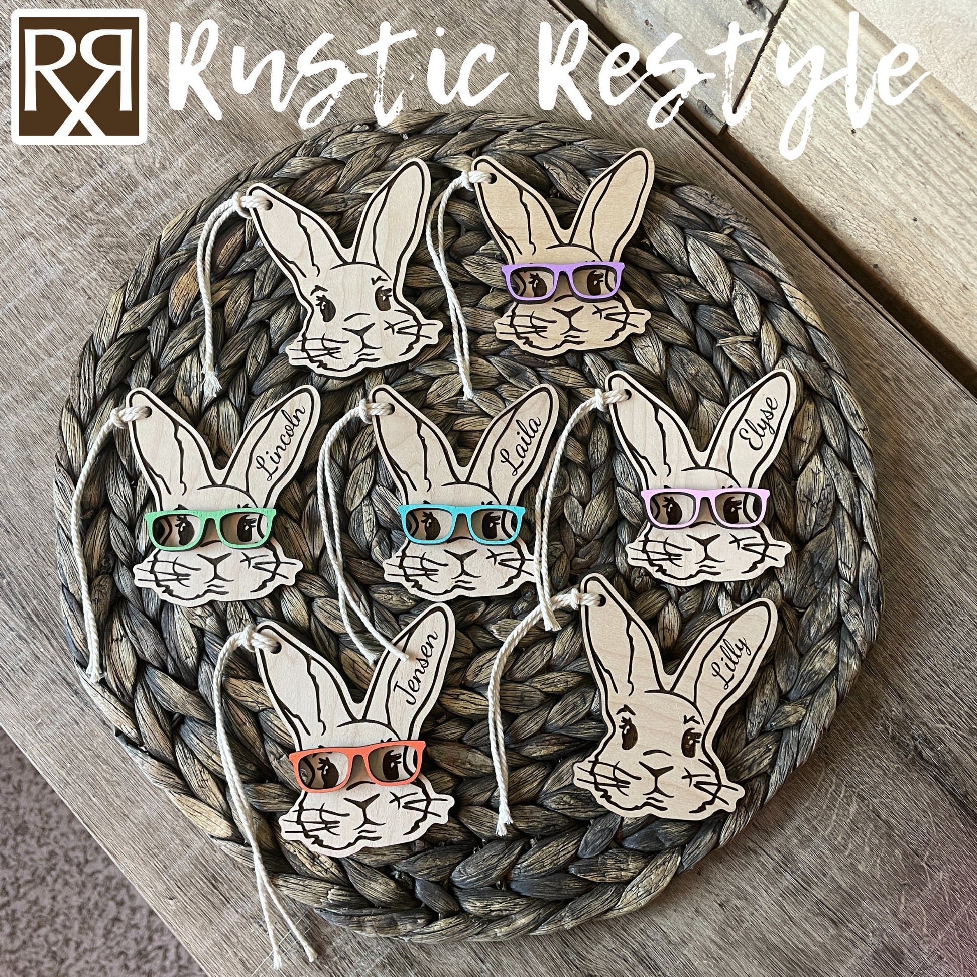 Custom wooden Easter Basket Bunny with glasses personalized name Tags