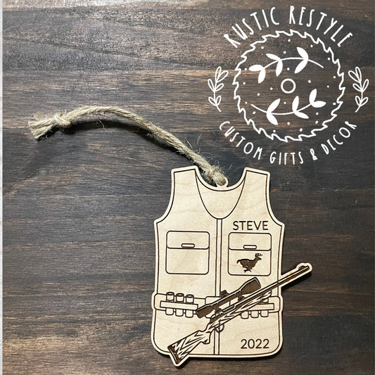 Deer hunting vest ornament, Personalized hunting vest with gun Christmas tree ornament