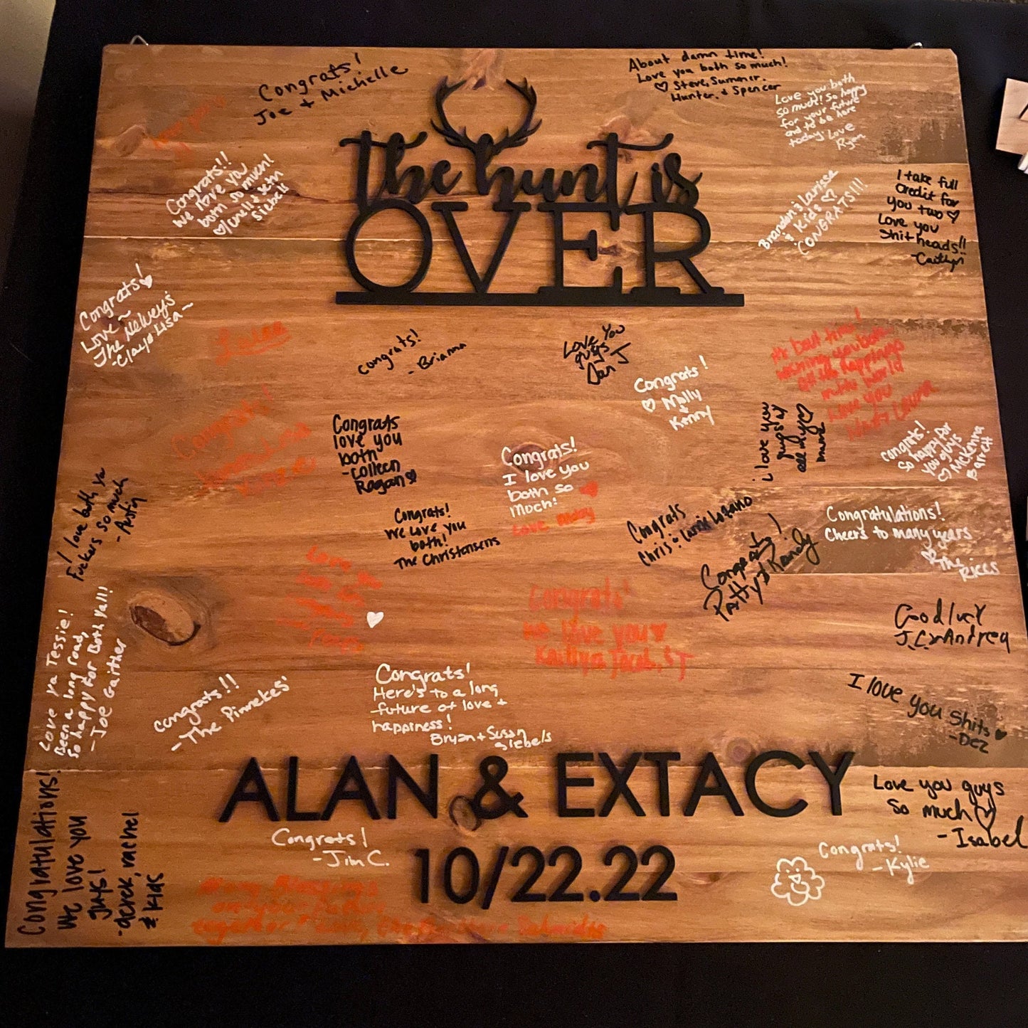 The Hunt is over, wooden signable wedding Guestbook alternative