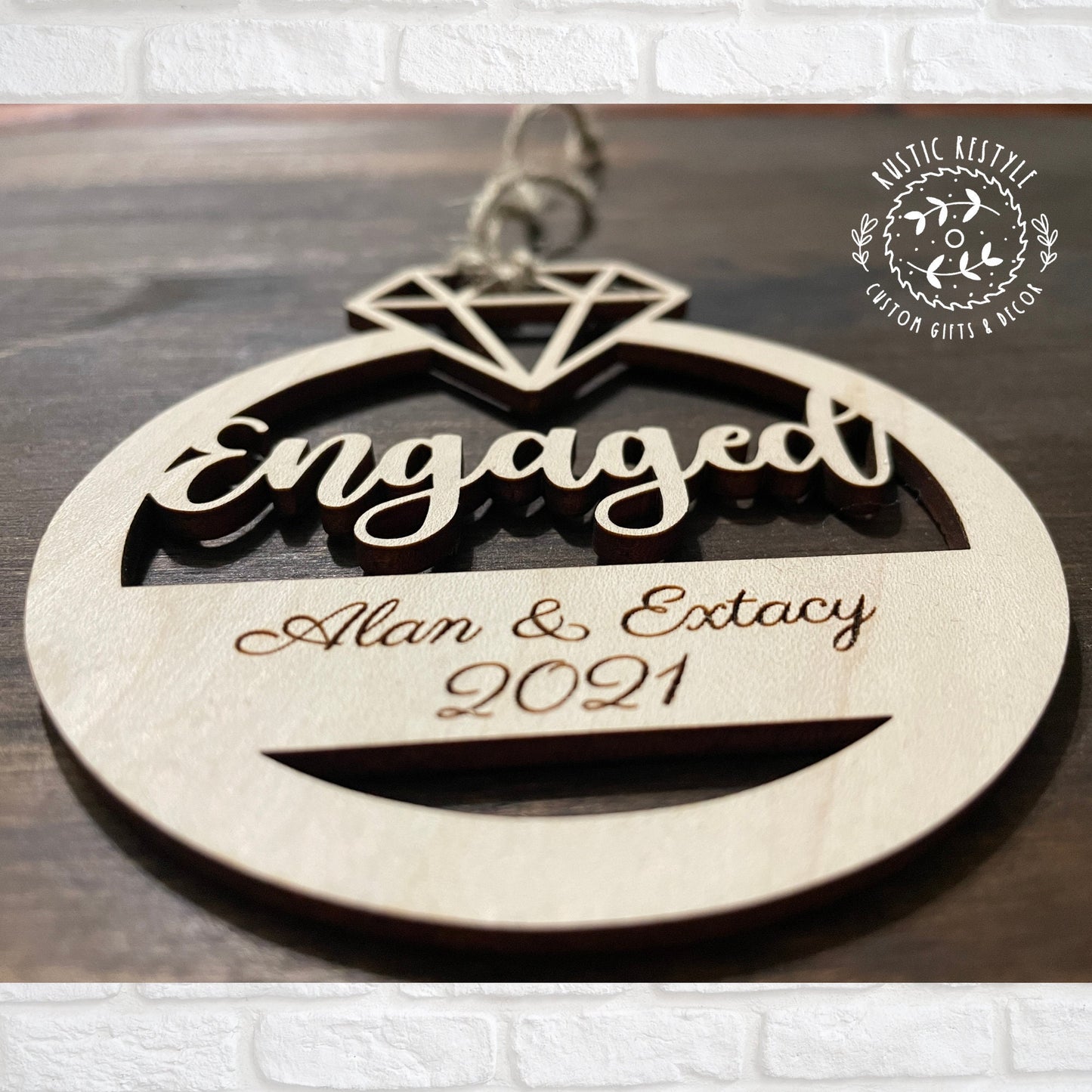 Engagement ring ornament, Personalized wood Christmas ornament gift