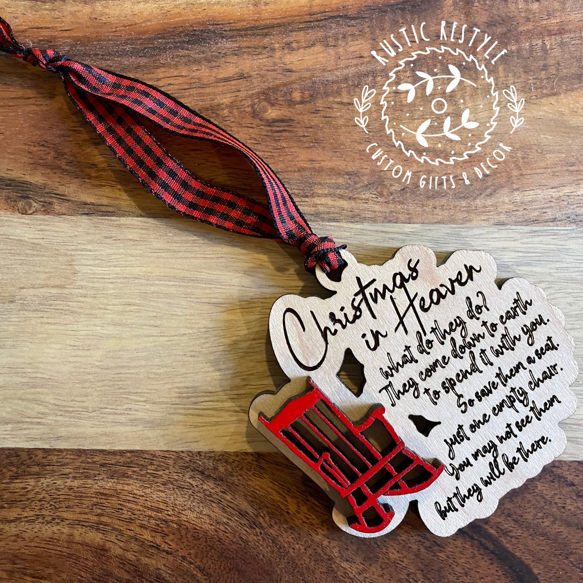 Christmas in heaven chair ornament, wooden Red chair Christmas tree ornament