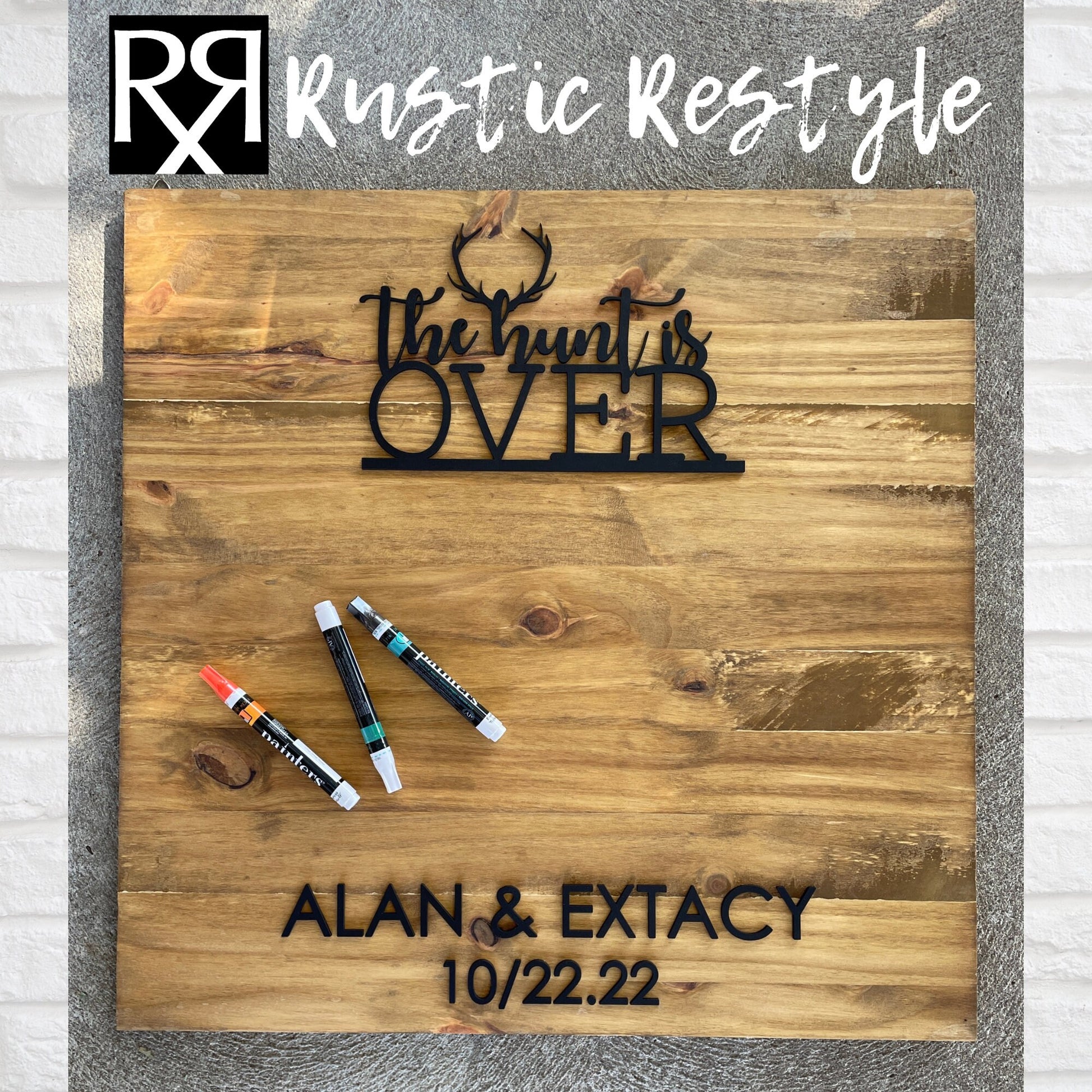 The Hunt is over, wooden signable wedding Guestbook alternative