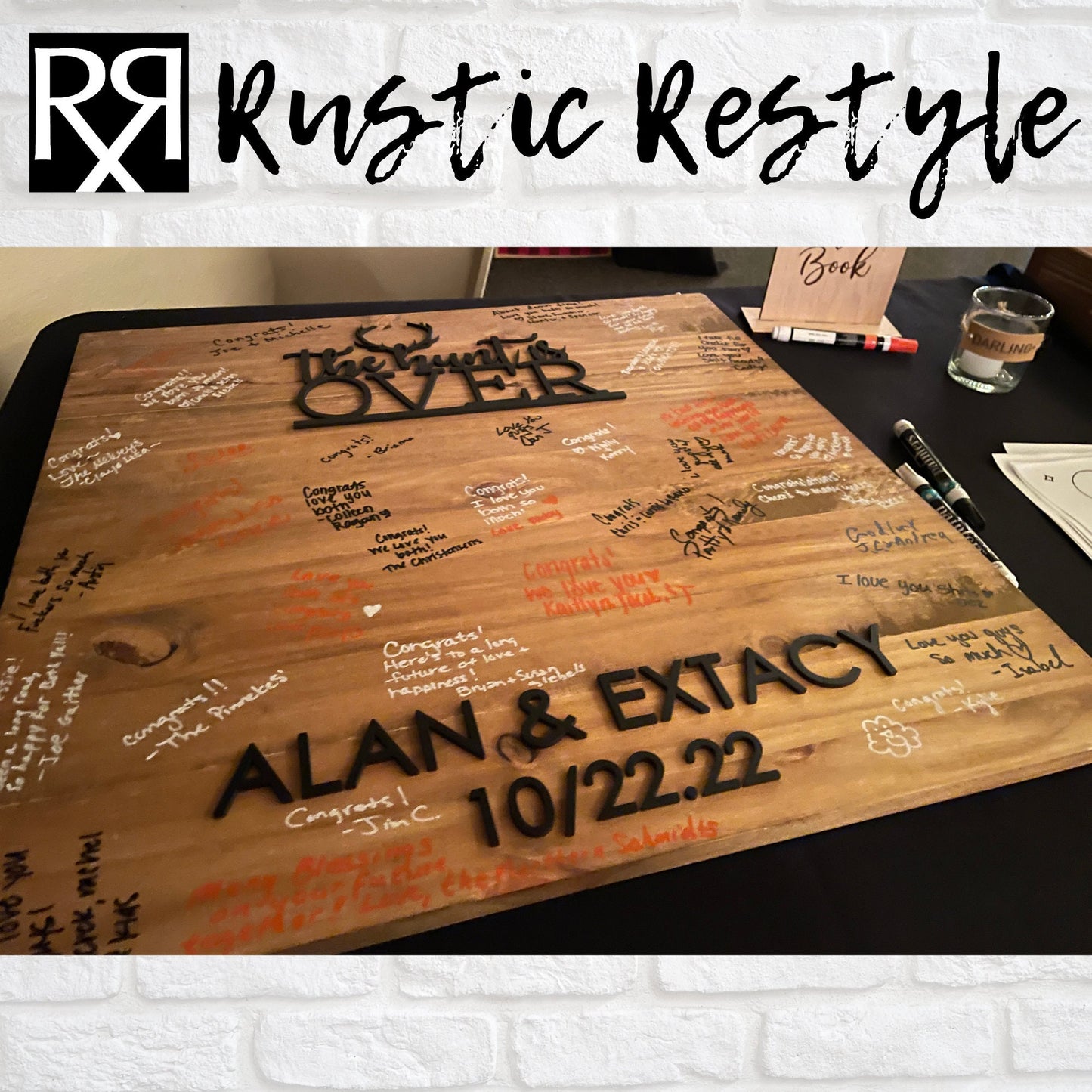 The Hunt is over, wooden signable wedding Guestbook alternative