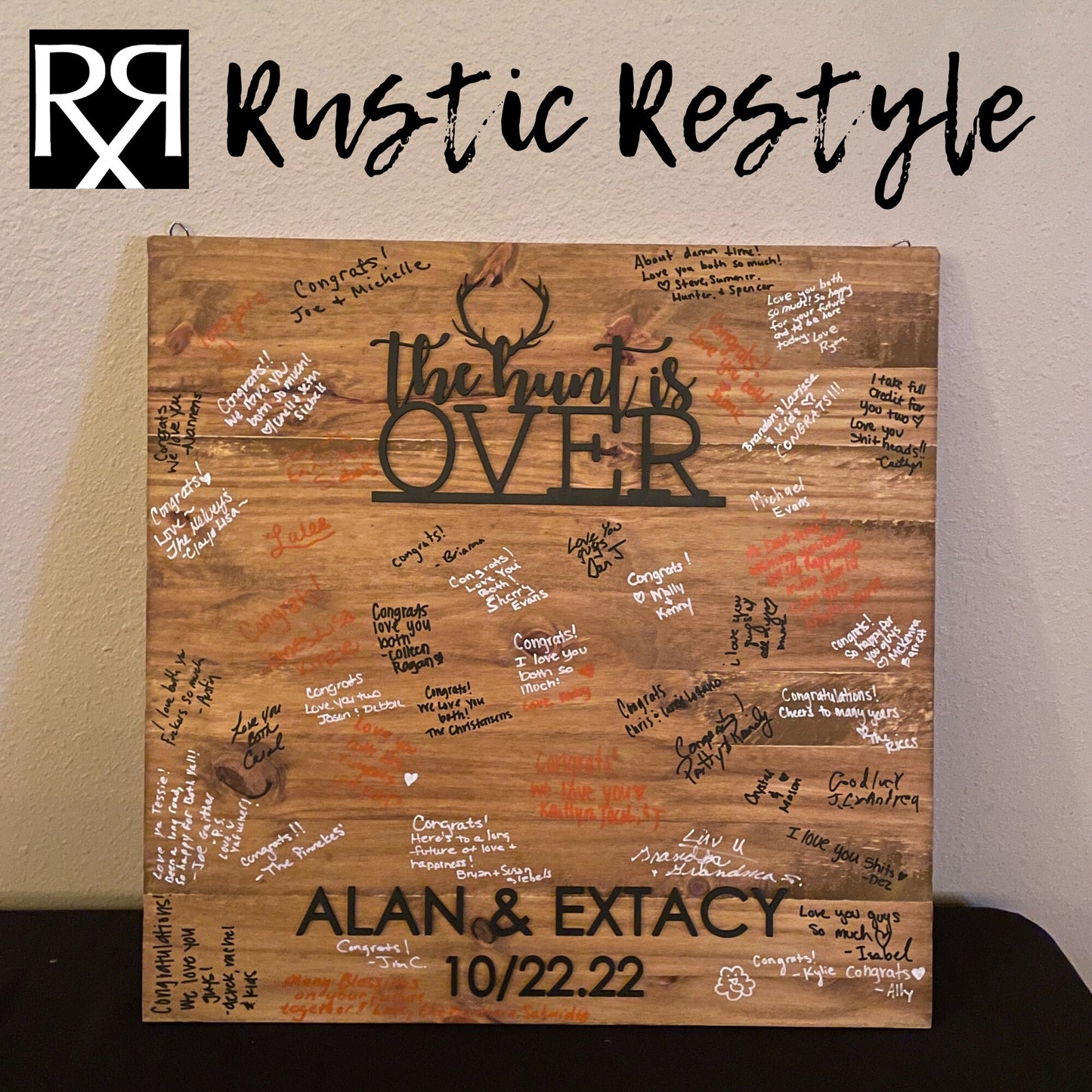 The Hunt is over, wooden signable wedding Guestbook alternative