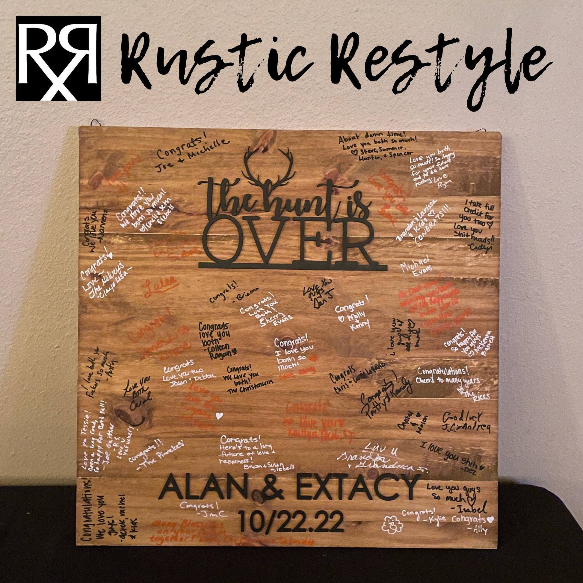 The Hunt is over, wooden signable wedding Guestbook alternative