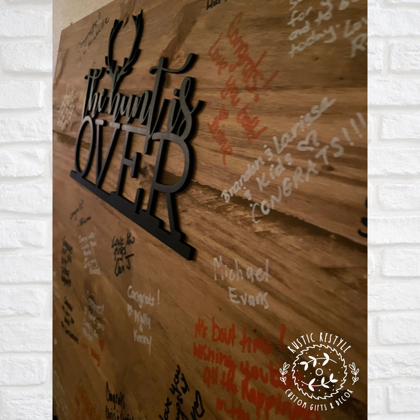 The Hunt is over, wooden signable wedding Guestbook alternative
