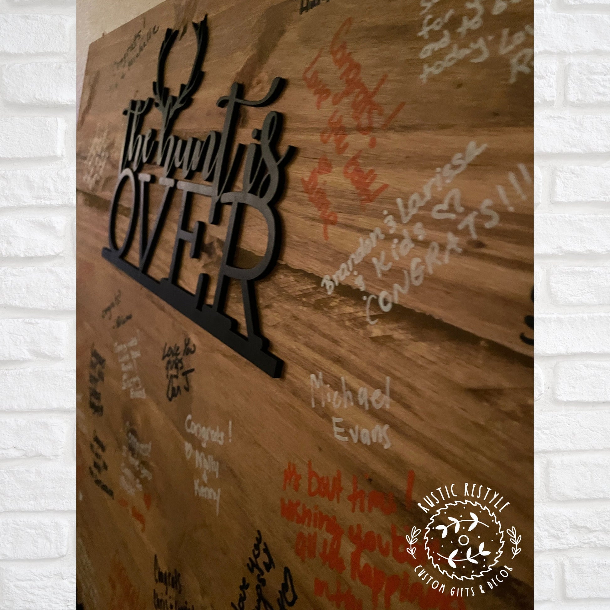 The Hunt is over, wooden signable wedding Guestbook alternative