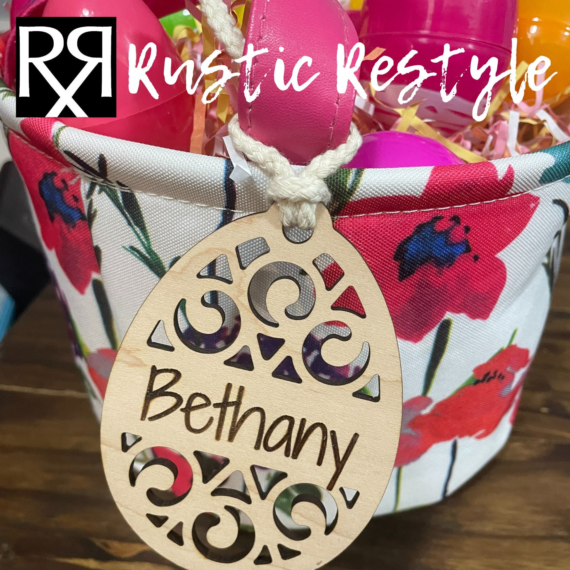 Custom wooden Easter Basket Bunny with glasses personalized name Tags