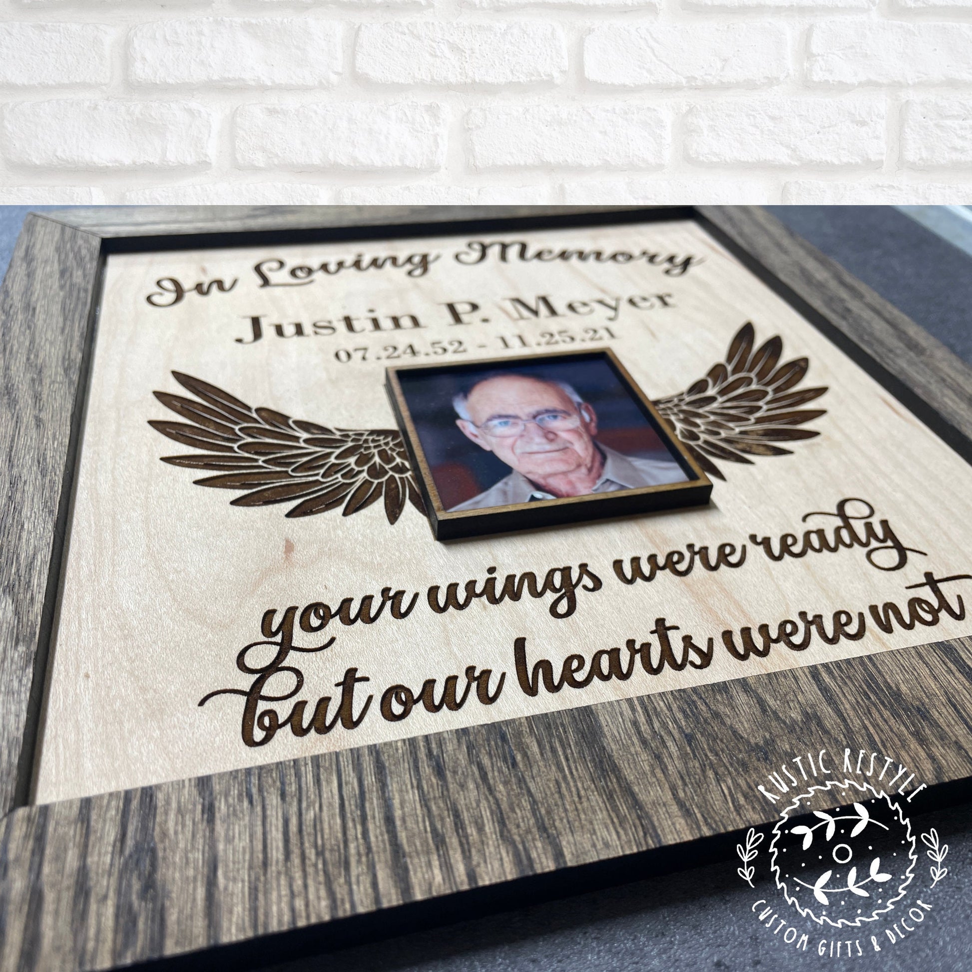 Memorial winged Remembrance Plaque, 10"x10" frame personalized with Engraved name and photo
