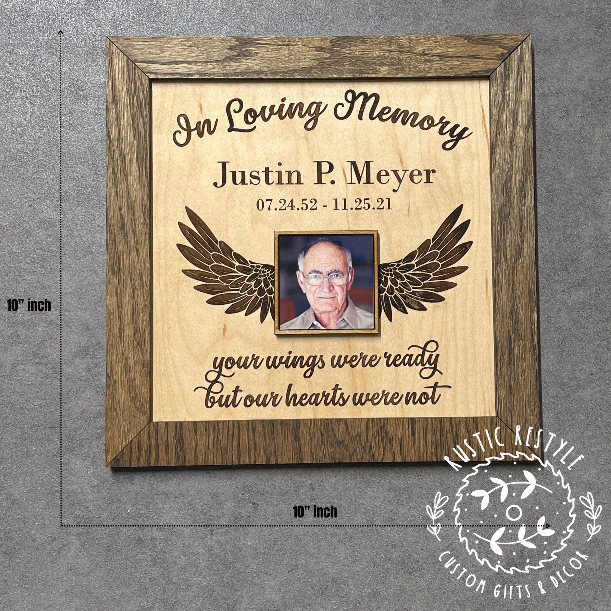 Memorial winged Remembrance Plaque, 10"x10" frame personalized with Engraved name and photo