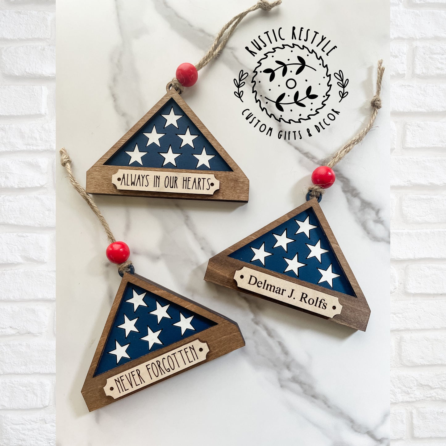 Military flag Memorial day ornament, personalized Memorial Ornament with engraved names