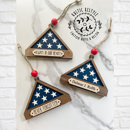 Military flag Remembrance ornament, personalized Memorial Christmas Ornament with engraved names