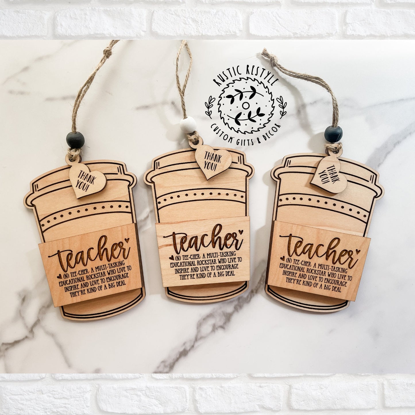 Wooden Teacher coffee cup ornament gift card holder for teachers, paraeducators, and Daycare provider