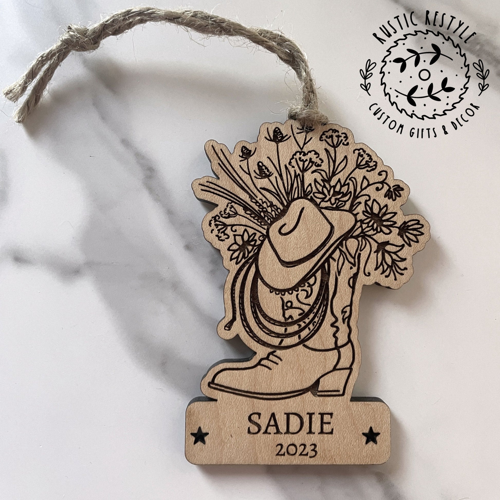 Cowboy or cowgirl personalized Ornament, rodeo roping Ornament, hat and boots and rope