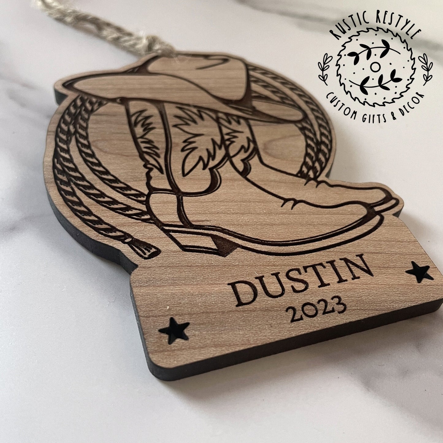 Cowboy or cowgirl personalized Ornament, rodeo roping Ornament, hat and boots and rope