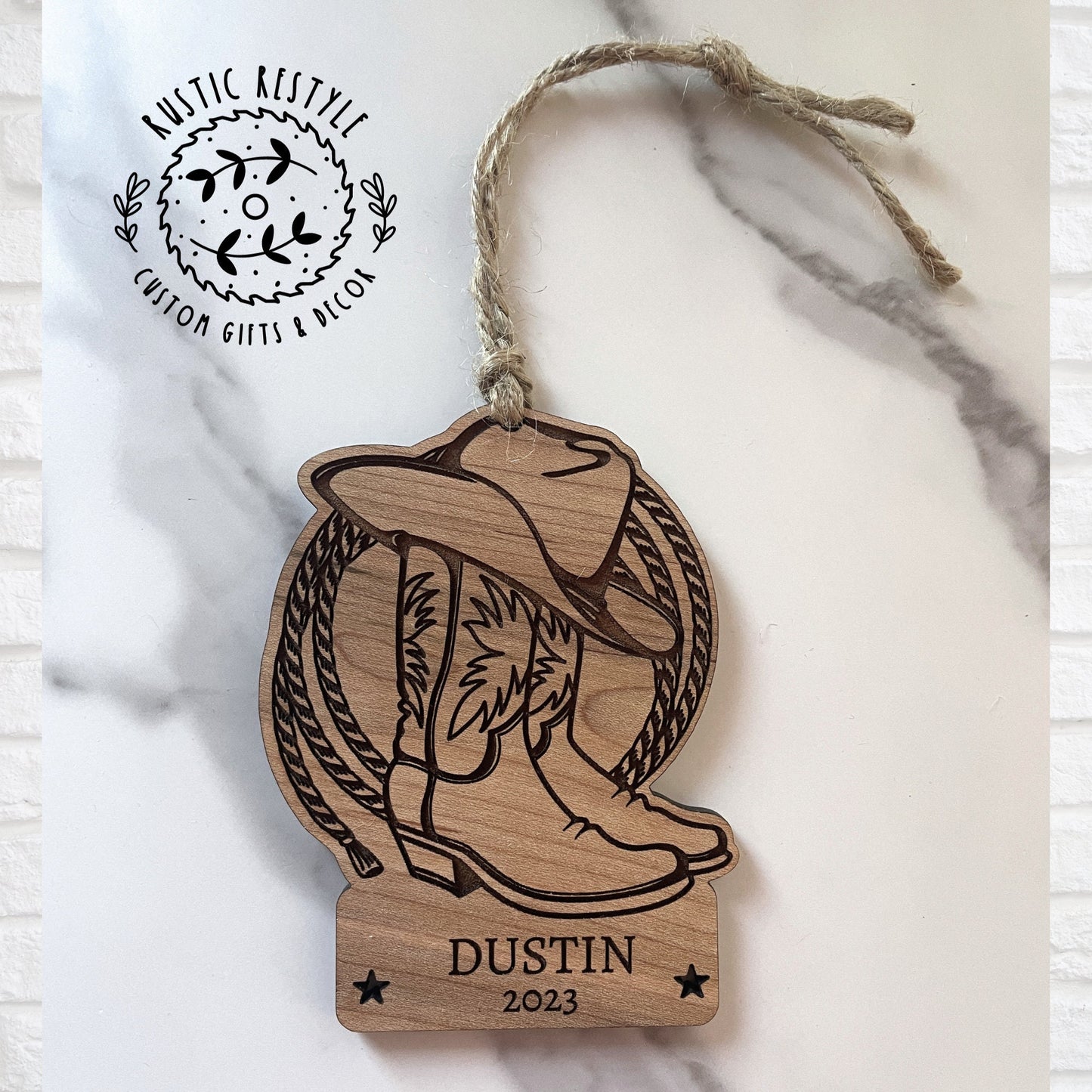Cowboy or cowgirl personalized Ornament, rodeo roping Ornament, hat and boots and rope