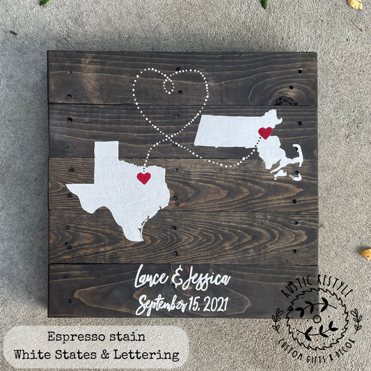 2 State Love Map-Rustic Signs-Wood State Sign-Love Story Art-Custom Location Art-Wedding Gift-Engagement Gift-Couples Gift-Long Distance Map