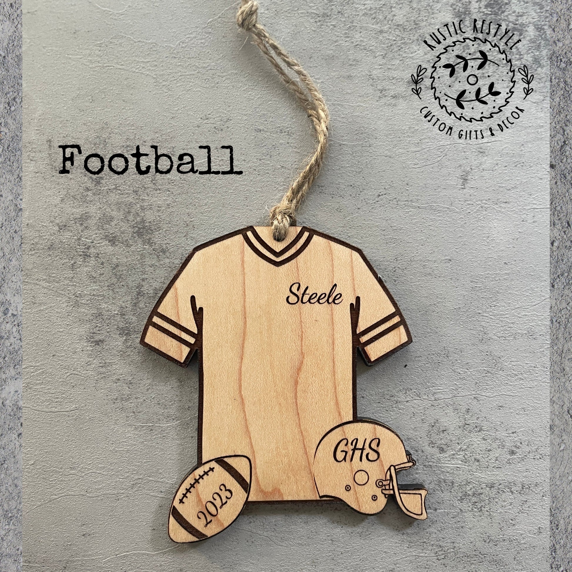 Personalized Football Christmas Ornament Football jersey, helmet, and ball