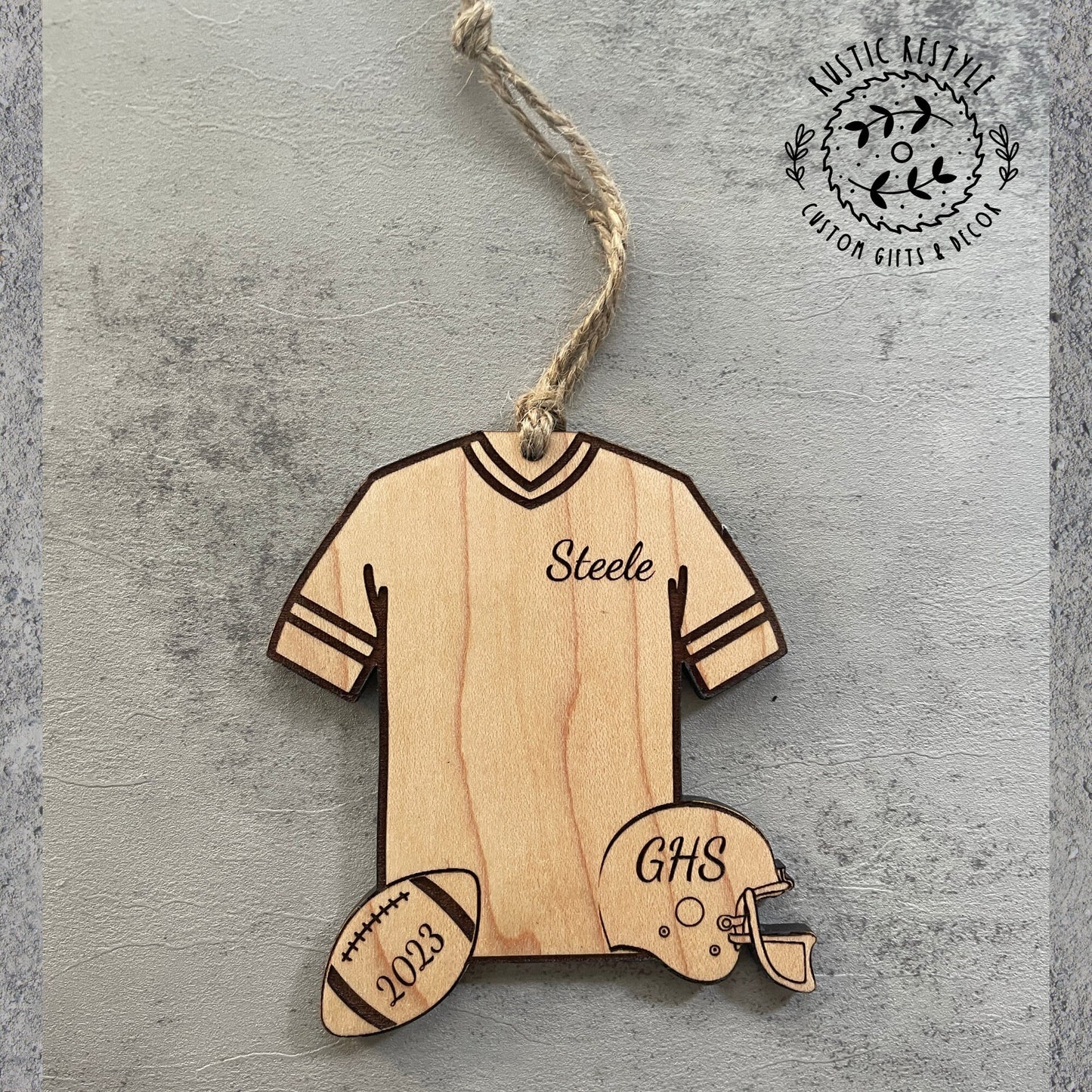 Personalized Football Christmas Ornament Football jersey, helmet, and ball