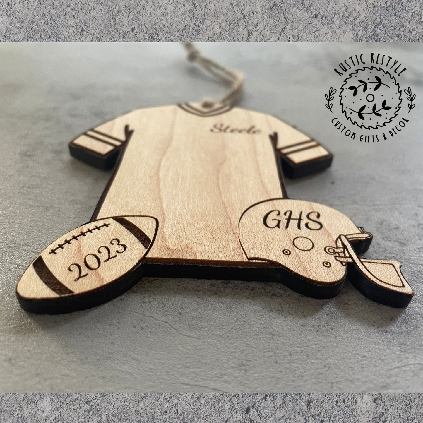 Personalized Football Christmas Ornament Football jersey, helmet, and ball