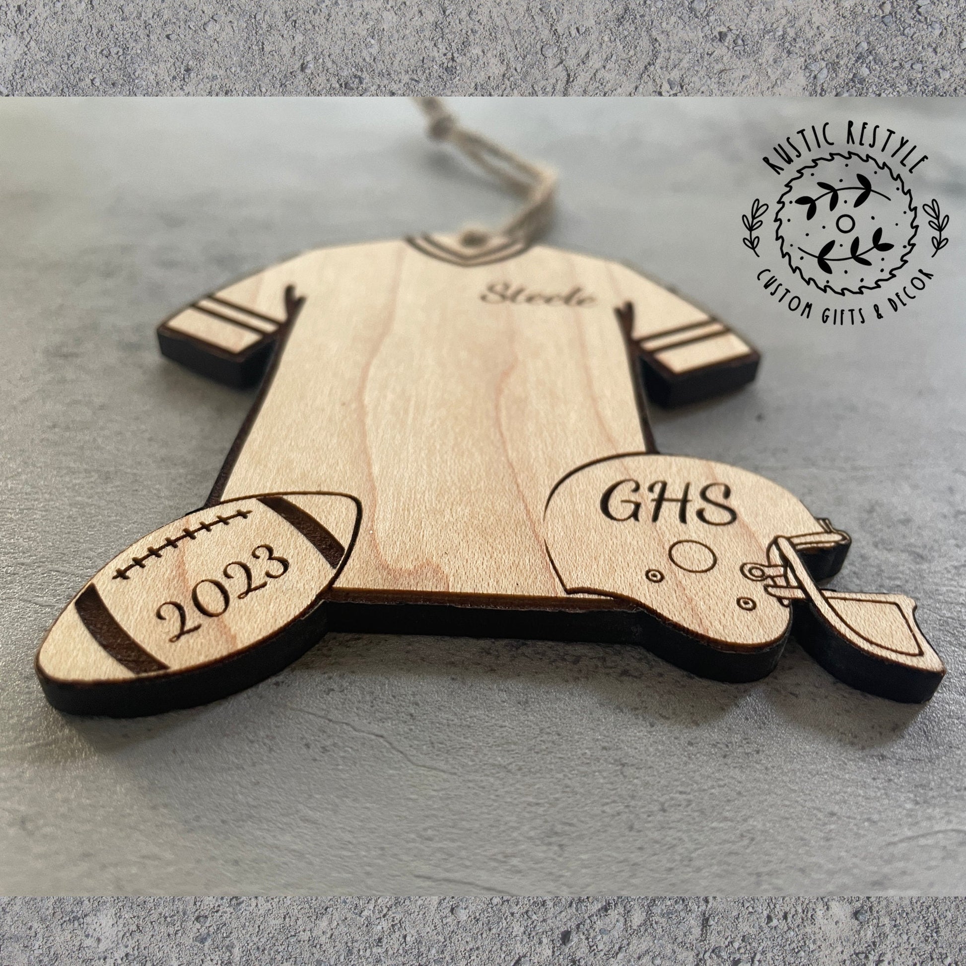 Personalized Football Christmas Ornament Football jersey, helmet, and ball