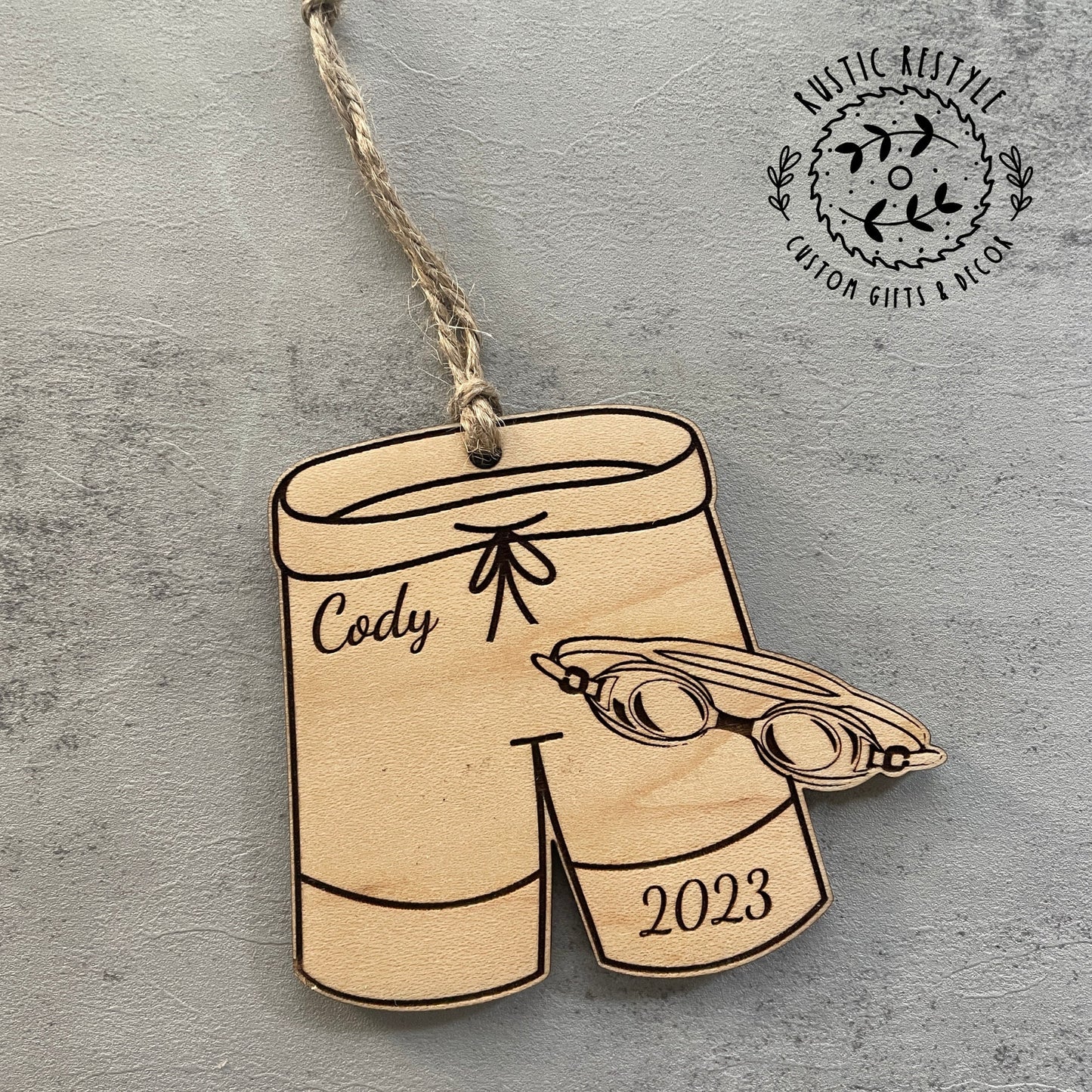 Swimming Christmas Ornament, Personalized swimming trunks or swim suit with goggles