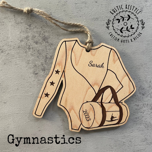 Personalized Gymnastics Christmas Ornament, Gymnast leotard, and gym bag ornament