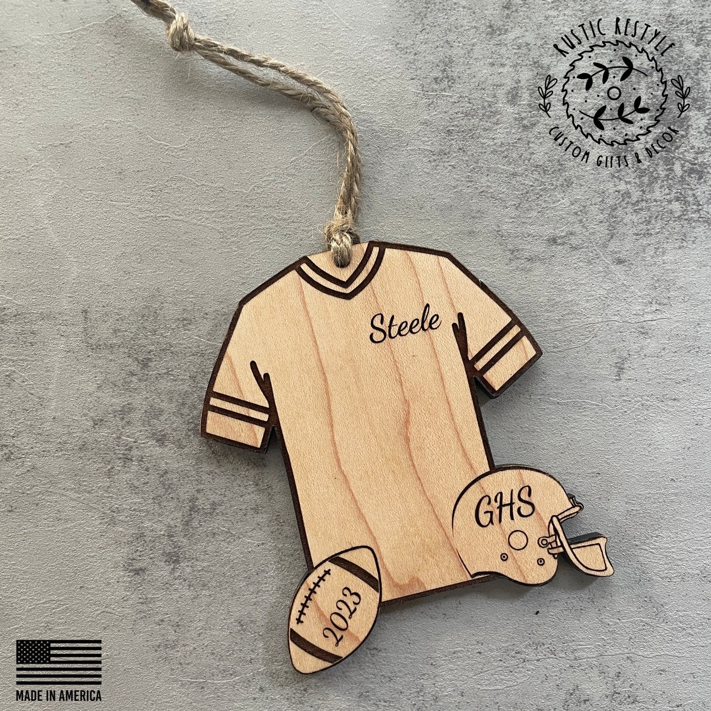 Personalized Football Christmas Ornament Football jersey, helmet, and ball