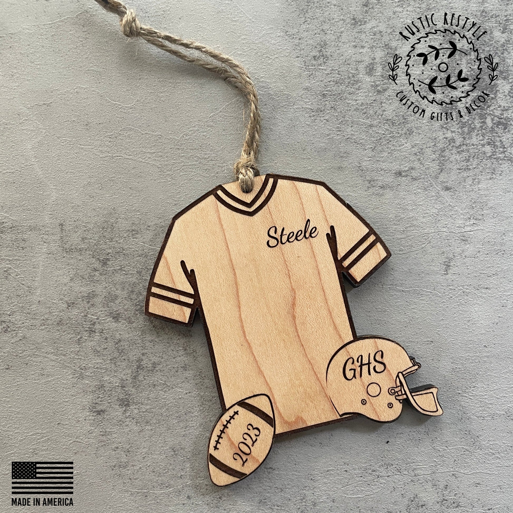 Personalized Football Christmas Ornament Football jersey, helmet, and ball