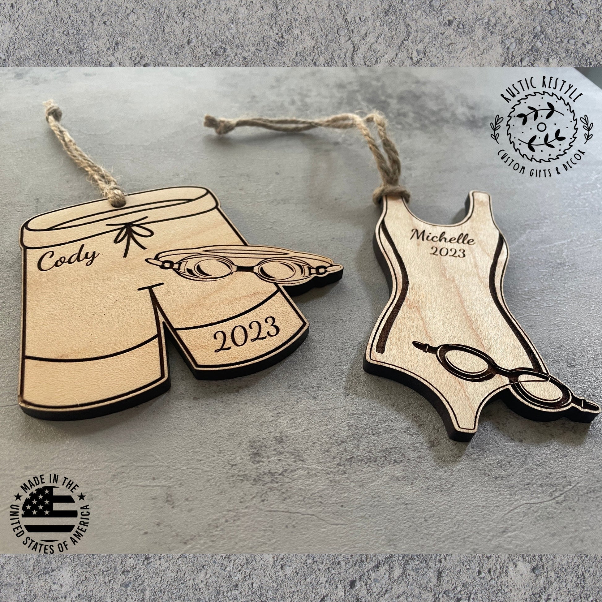 Swimming Christmas Ornament, Personalized swimming trunks or swim suit with goggles