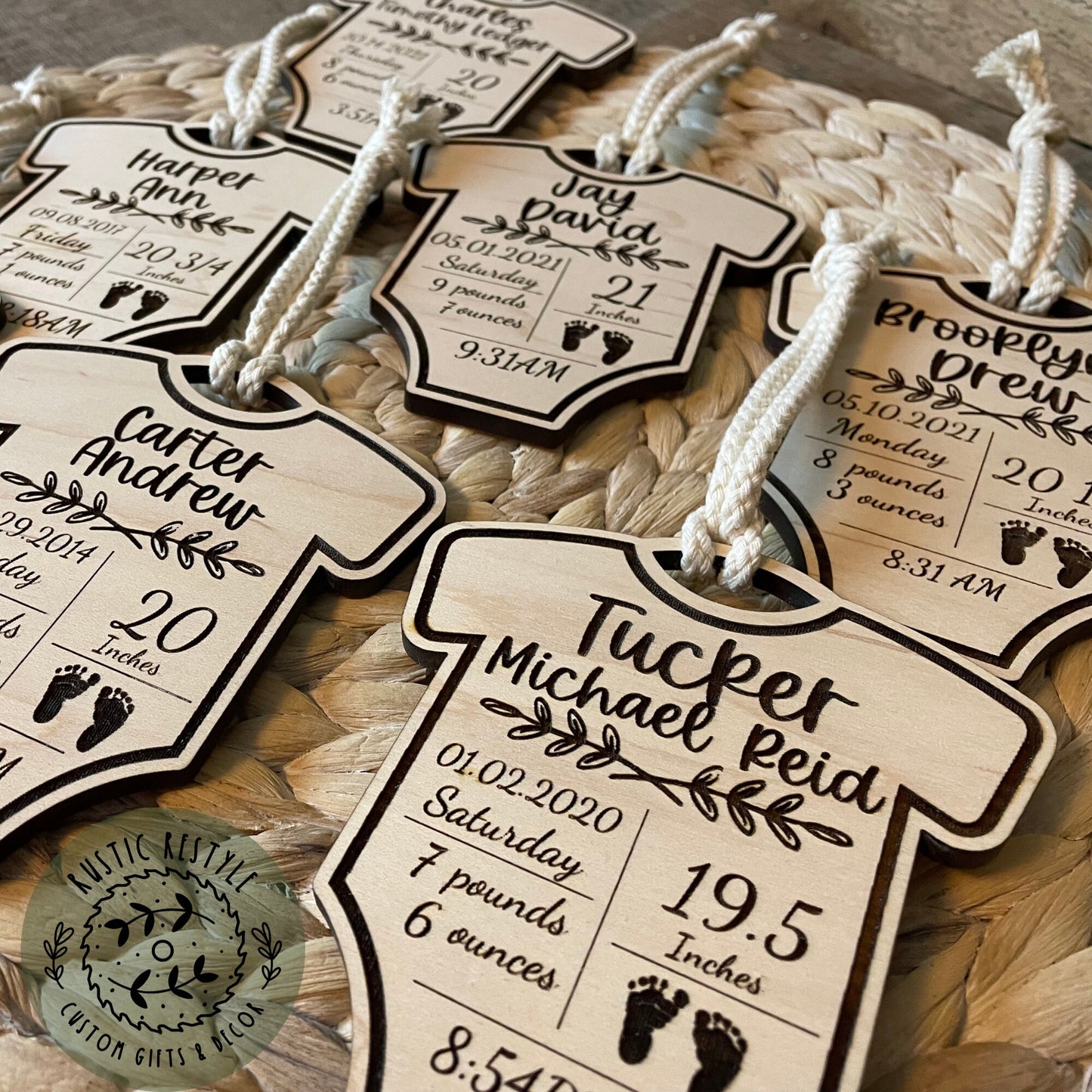 Newborn baby stats ornament, body suit-shaped gift tag, infant birth record
