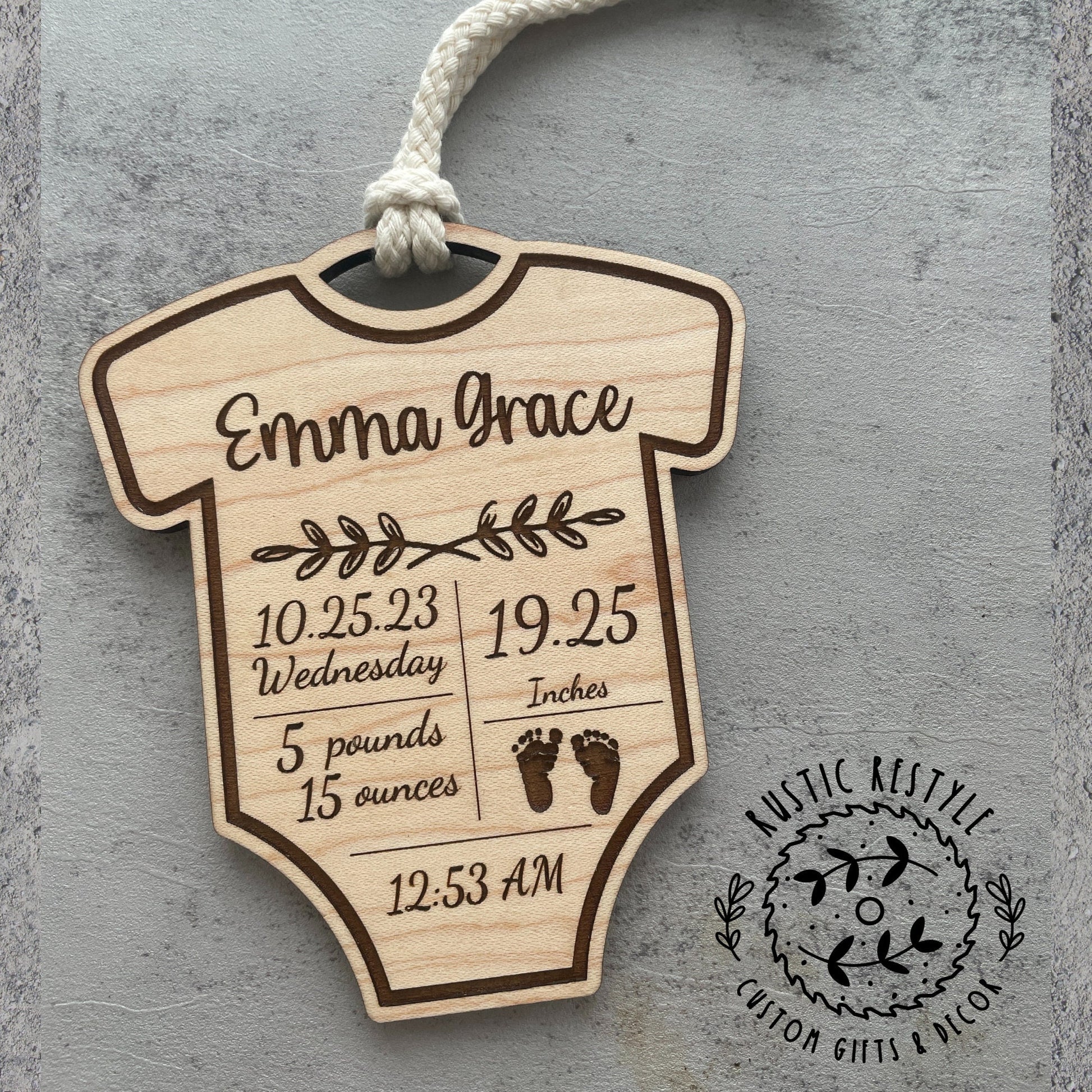 Newborn baby stats ornament, body suit-shaped gift tag, infant birth record