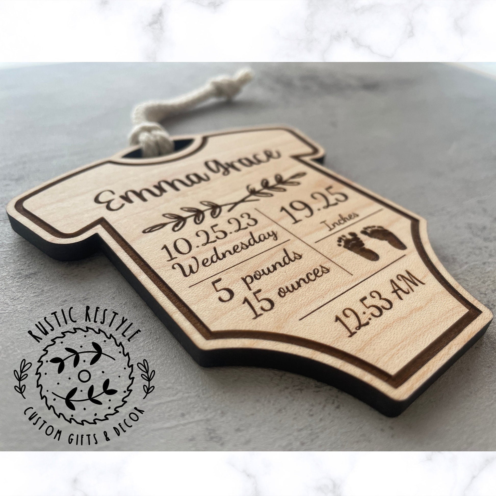 Newborn baby stats ornament, body suit-shaped gift tag, infant birth record