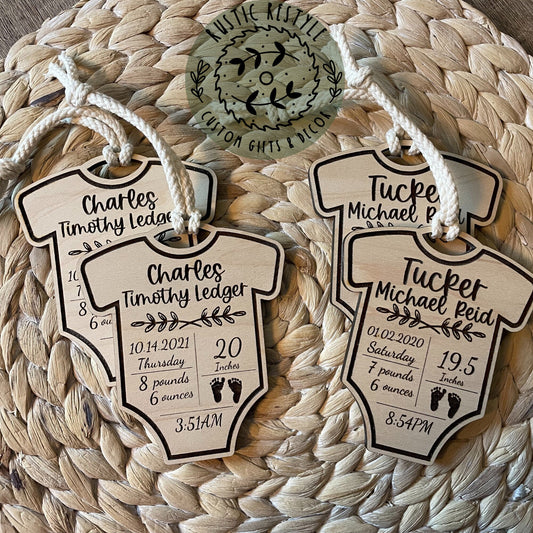 Newborn baby stats ornament, body suit-shaped gift tag, infant birth record