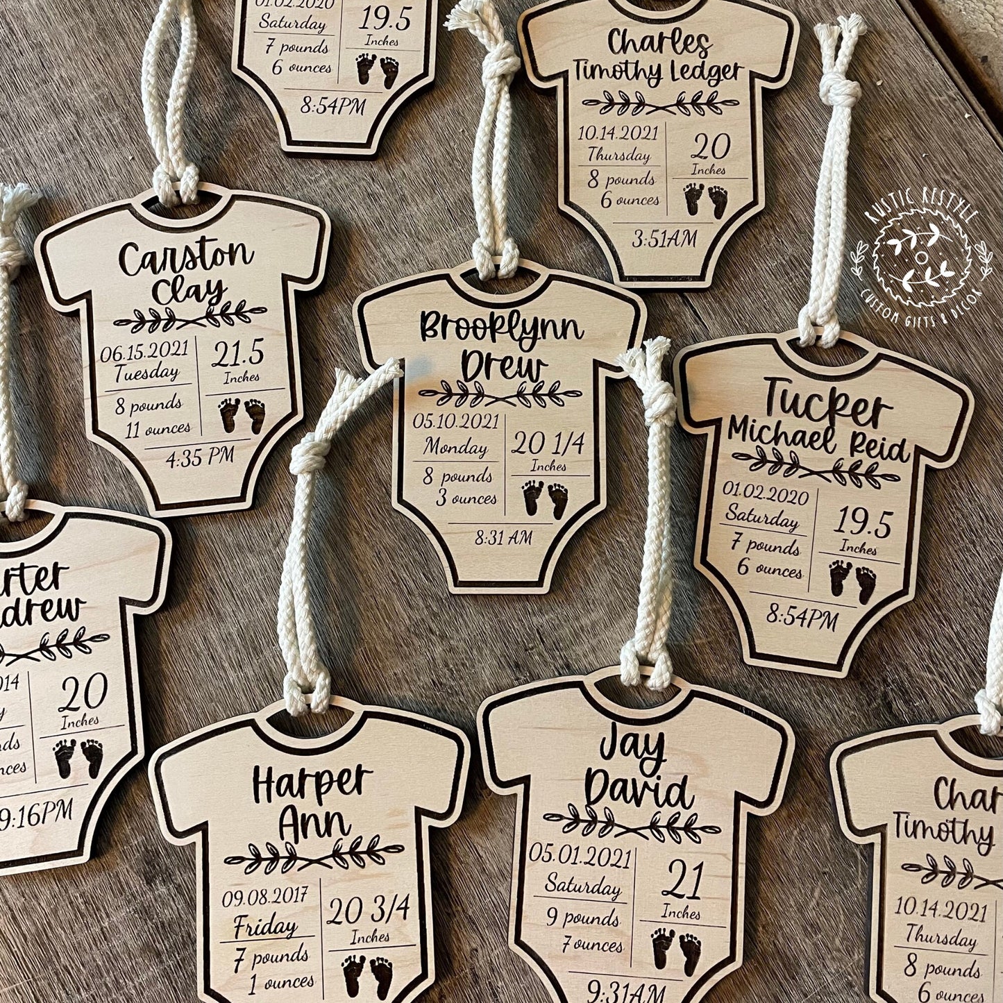 Newborn baby stats ornament, body suit-shaped gift tag, infant birth record