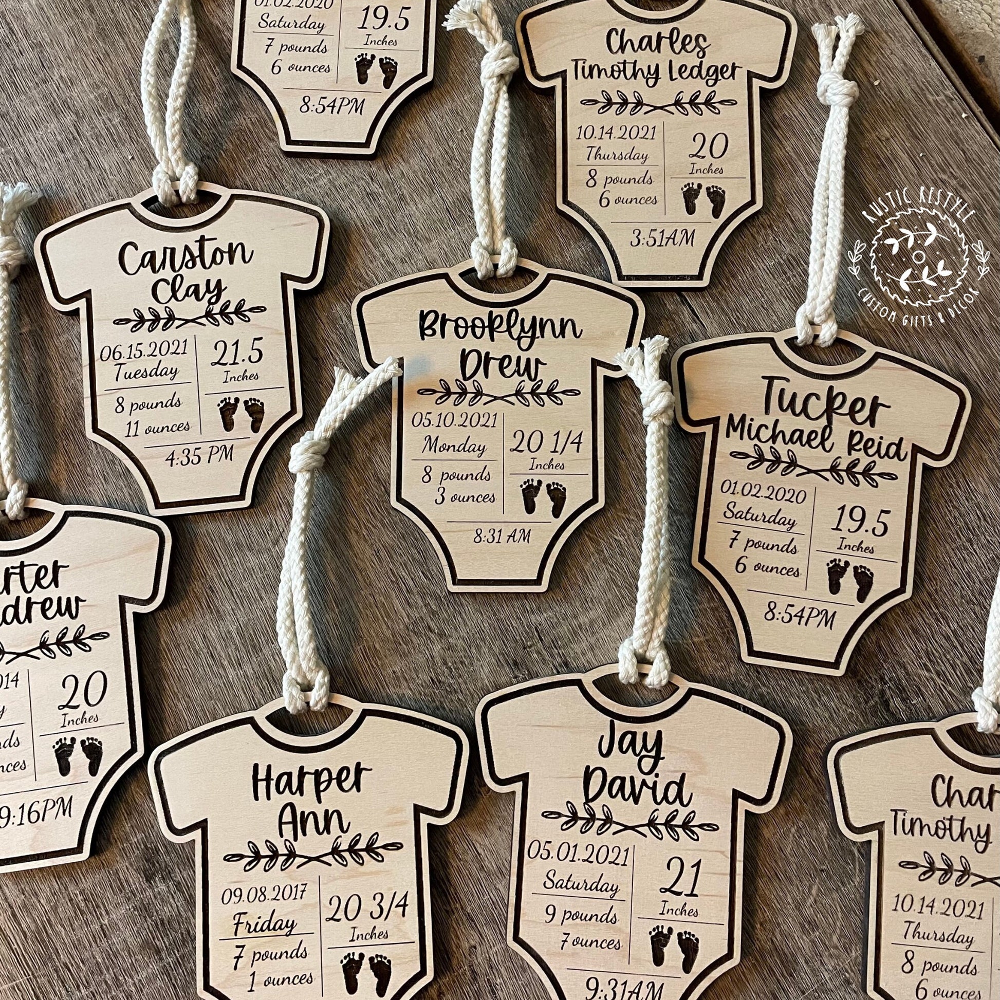 Newborn baby stats ornament, body suit-shaped gift tag, infant birth record