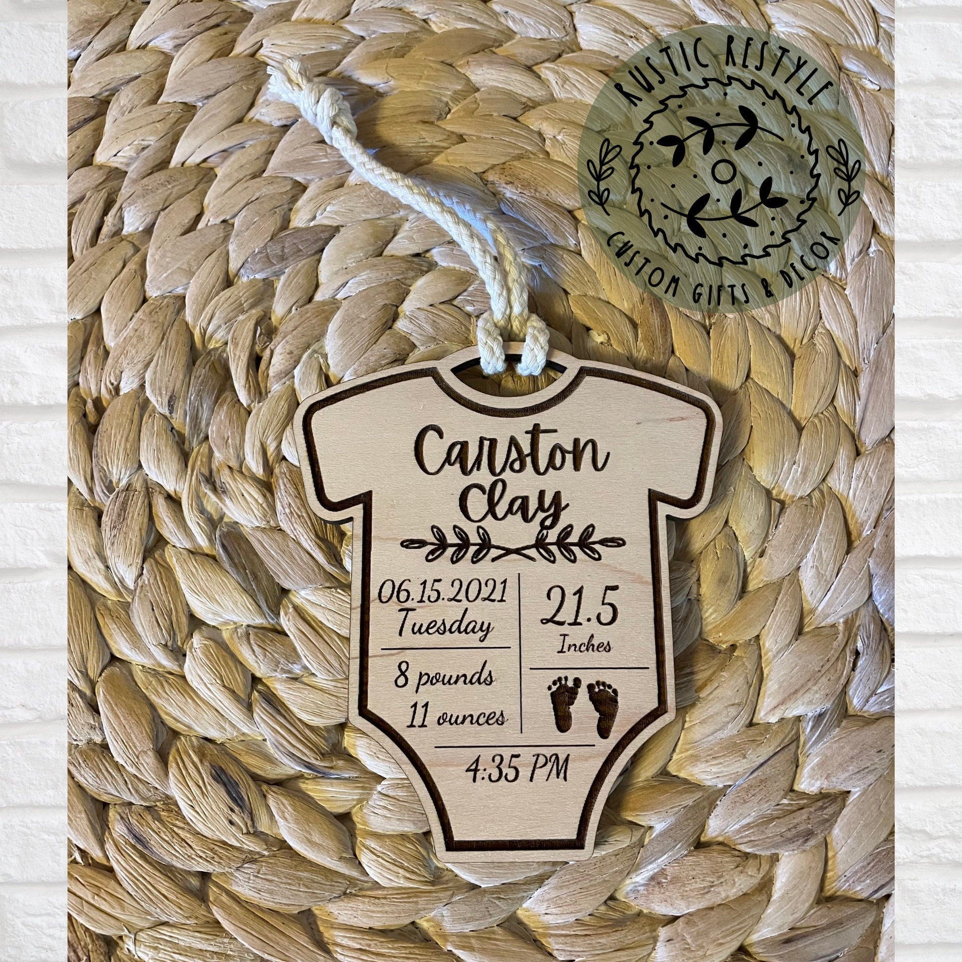 Newborn baby stats ornament, body suit-shaped gift tag, infant birth record