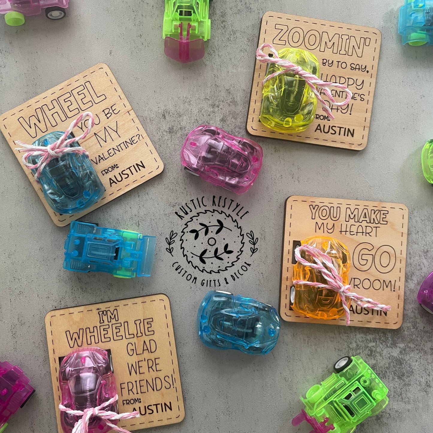 Classroom pull-back wheelie car Valentines, Personalized wooden Valentine's Day gift
