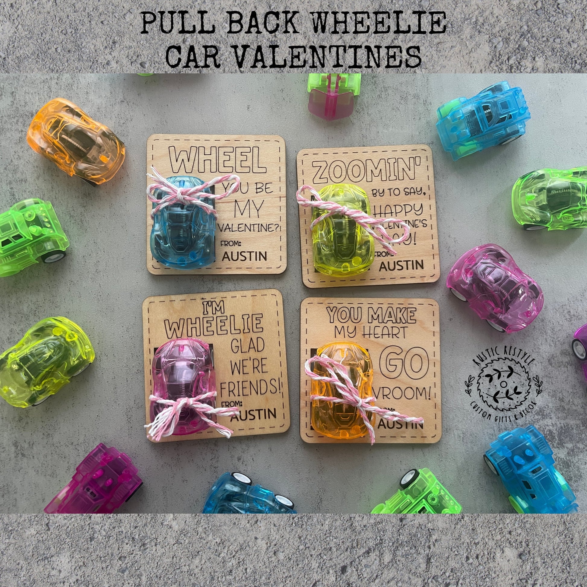 Classroom pull-back wheelie car Valentines, Personalized wooden Valentine's Day gift