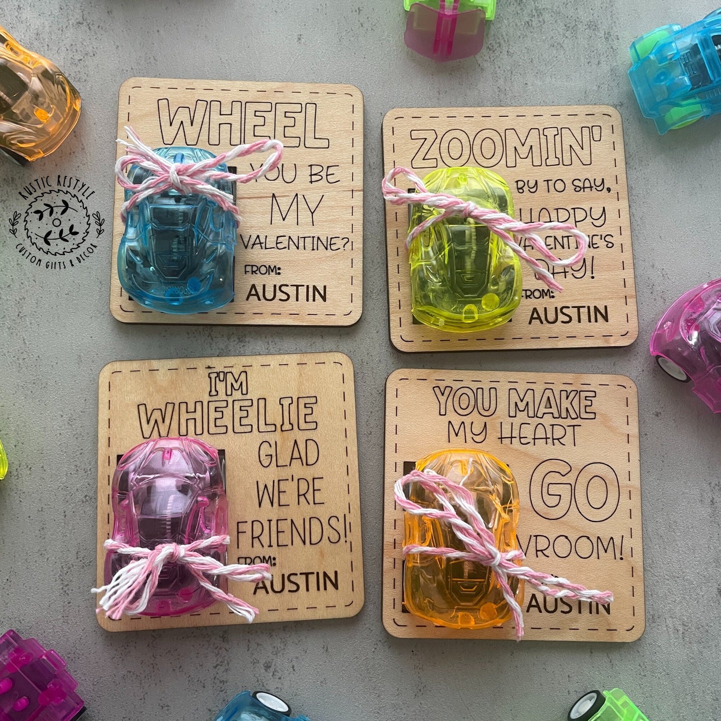 Classroom pull-back wheelie car Valentines, Personalized wooden Valentine's Day gift